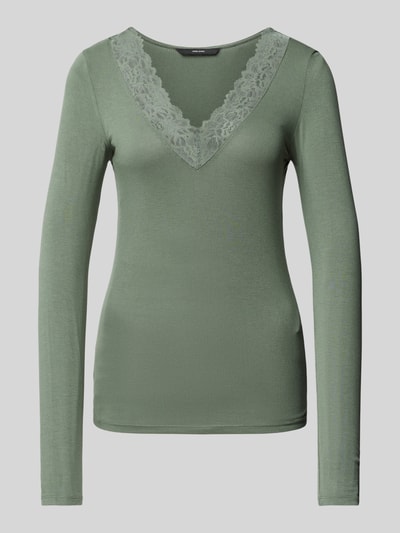 Vero Moda Top met lange mouwen en kant, model 'ROSA' Rietgroen - 2