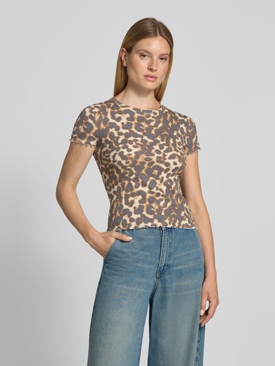 Jake*s Casual T-shirt in all-over look met ronde hals Middenbruin - 4