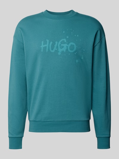 Produktfoto, Regular Fit Sweatshirt aus reiner Baumwolle Modell 'NIEROFIX_CREW' von Hugo Blue in Unifarben Blau mit Label-Print, Crew Neck, Rundhals, Langarm, gerippter Ärmel- und Rumpfabschluss, Sweat-Material