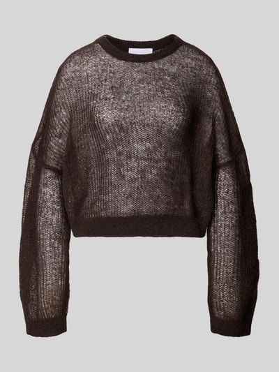 Produktfoto, sommerlicher cropped Strickpullover - curated by Mary Braun von Style Icon Collection in Braun, Strick-Optik, Relaxed-Fit, Rundhalsausschnitt, elastische Abschlüsse, Rückenlänge bei Größe S 53 cm, Ärmellänge 72 cm, lockeres Strick-Muster, halbtransparente Textur