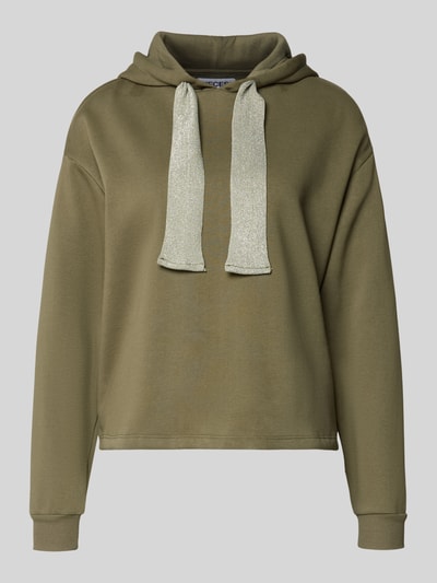 Productfoto, Regular Fit Hoodie aus Baumwoll-Mix Modell 'CHILLI' van Pieces in effen olijfgroen, label stitching, capuchon met tunnelkoord, lange mouw, geribde boorden, sweatmateriaal.