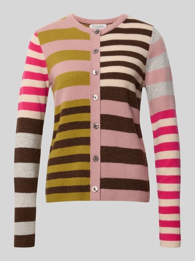 Produktfoto, Strickjacke im Allover-Look mit Rundhalsausschnitt von Christian Berg Woman, bunte Blockstreifen in Rosa, Braun, Pink und Oliv, reine Baumwolle, Regular Fit, Knopfleiste, mittlere Textur