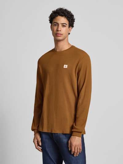 Calvin Klein Jeans Bluzka o kroju slim fit z długim rękawem i naszywką z logo model ‘Waffle’ Średniobrązowy 4