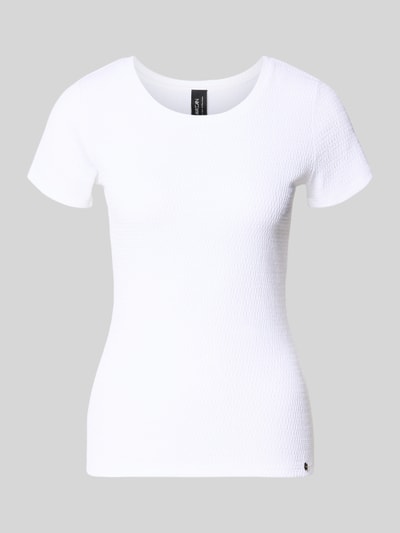 Produktfoto, t-shirt met labeldetail van Marc Cain, dames t-shirt, elastische materiaalmix, nauwsluitend model, u-hals, ruglengte 55 cm