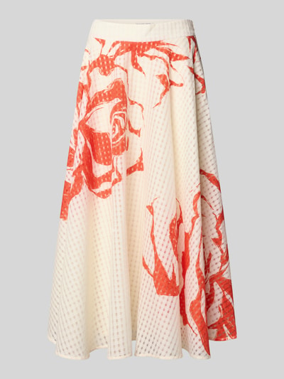Produktfoto, A-Linien Midi-Rock mit Kellerfalten am Bund Modell 'JANGO' von Essentiel Antwerp, floral gemustert, weiß-rot, transparenter Besatz, blickdichter Unterrock, Volant-Saum, Eingrifftasche, Struktur durch Falten und Lochmuster.