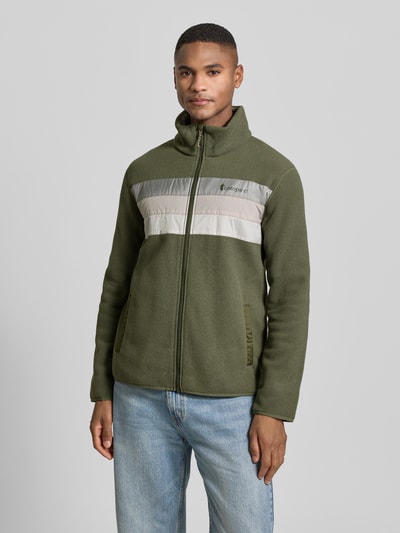Männermodel trägt Jacke mit Stehkragen Modell 'Teca' von Cotopaxi in Grün, Regular-Fit, Label-Print, Eingrifftaschen, Ganzkörperansicht von vorne.