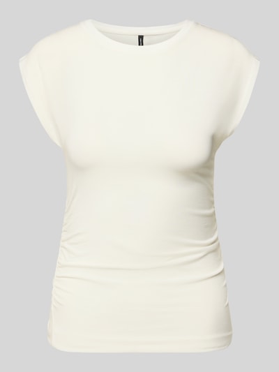 Produktfoto, Slim Fit T-Shirt aus Lyocell-Mix Modell 'AVASARAH' von Vero Moda in Uni-Optik, cremefarben, mit seitlichen Raffungen und Rundhalsausschnitt.
