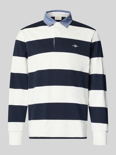 Produktfoto, Sweatshirt mit Label-Stitching von Gant, Herren Sweatshirt in Navy und Weiß, breite Streifen, Polokragen, reine Baumwolle, Regular Fit