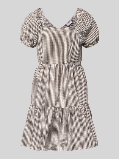 Produktfoto, Knielanges Kleid mit Karree-Ausschnitt Modell 'ELIZA' von Noisy May, kariertes Muster, A-Linie, Baumwoll-Mix, braun-weiß