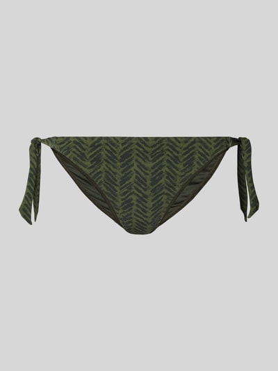 Produktfoto, Bikinibroekje met labeldetail model 'DASIA' van Banana Moon, materiaalmix met stretch, nauwsluitend model, veterdetail, groen met zwart zigzagpatroon
