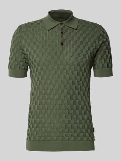 Produktfoto, Slim Fit Poloshirt aus reiner Baumwolle Modell 'Heritage' von Matinique in Olivgrün mit Würfelstruktur, Polokragen, gerippte Abschlüsse, Rückenlänge Größe M 70 cm
