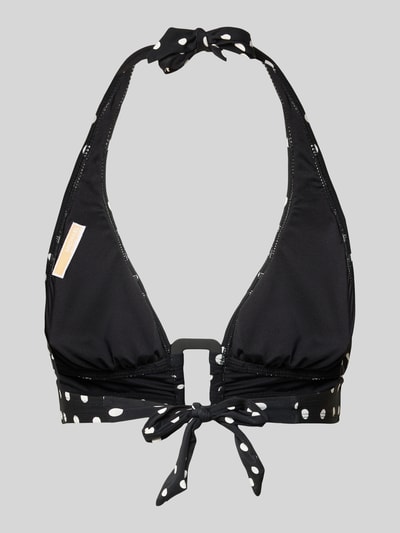 Produktfoto, Bikini-Oberteil mit Logo-Applikation von Michael Kors, mieszanka materiałów z dodatkiem streczu, dopasowany krój, aplikacja z logo, wzór na całej powierzchni, wyjmowane miękkie miseczki, kolor czarny z białymi akcentami, tekstura gładka