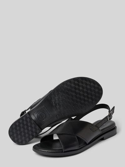 Produktfoto, Sandalen aus echtem Leder von Tamaris in Schwarz, Blockabsatz, runde Schuhspitze, strukturierte Sohle, Veloursleder-Optik.