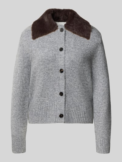 OPUS Strickjacke aus Wollmix mit Webpelzkragen Modell 'Dofur' Mittelgrau 1