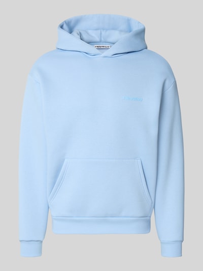 Produktfoto, Hoodie mit Logo-Print von REVIEW aus Baumwoll-Mix in Hellblau, lockere Passform, Kängurutasche, strukturierte Oberfläche.