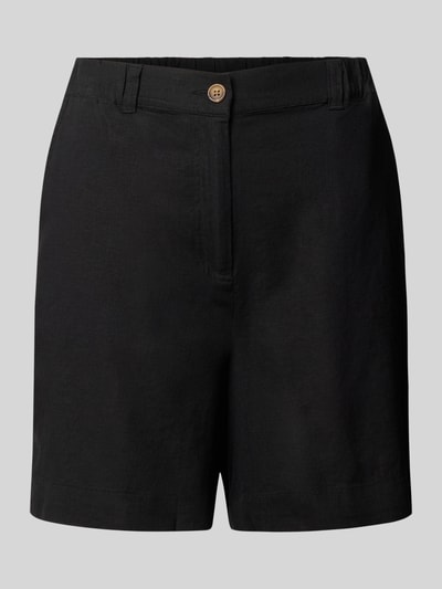 Produktfoto, schwarze Regular Fit Bermudas aus Leinen-Viskose-Mix Modell 'Ina' von Soyaconcept, Knopfverschluss, Eingrifftaschen, Damen, Bundweite bei Größe S 36 cm und Innenbeinlänge 16 cm, glatte Textur