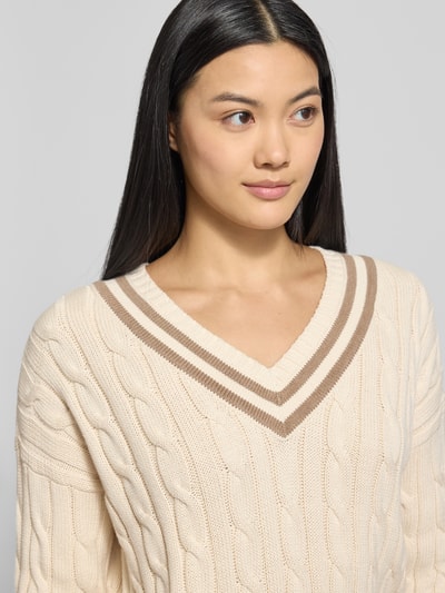 Lauren Ralph Lauren Sweter z dzianiny ze ściegiem warkoczowym i dekoltem w serek model ‘TEDURPH’ Beżowy 3