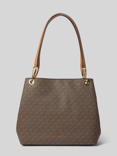 Productfoto, Tote Bag met allover-logo-print model 'Kensington' van MICHAEL Michael Kors, bruin met goudkleurige details, verdeeld hoofdvak, smalle schouderriemen, rits, breedte 39 cm, lengte 27 cm, diepte 13 cm, schouderriem 63 cm.