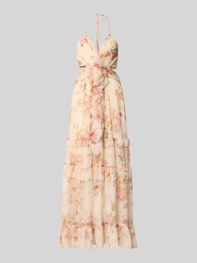 Produktfoto, Regular Fit Midikleid mit Rüschenbesatz von ADLYSH in Creme mit floraler Allover-Print, Halterneck, V-Ausschnitt, Falten-Optik, Rückenausschnitt. Rückenlänge Größe S: 126 cm, Brustweite: 30 cm.
