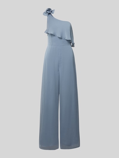 Produktfoto, Regular Fit Jumpsuit mit floralem Zierbesatz von Swing in Hellblau mit Rüschen, tailliertem, ärmellosem, asymmetrischem Design