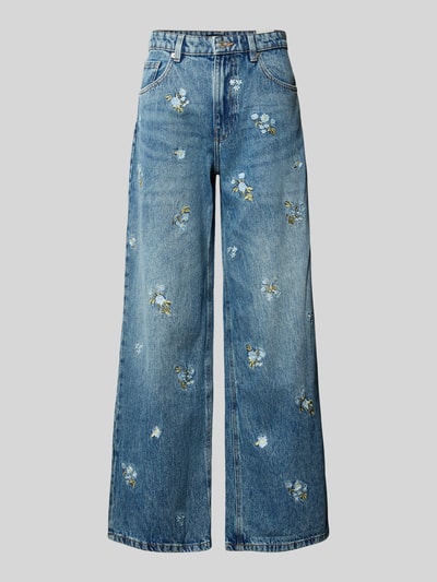 Produktfoto, Wide Fit Jeans mit floralem Allover-Stitching Modell 'BEVERLY' von Mango, reine Baumwolle, 5-Pocket-Design, blauer Denim