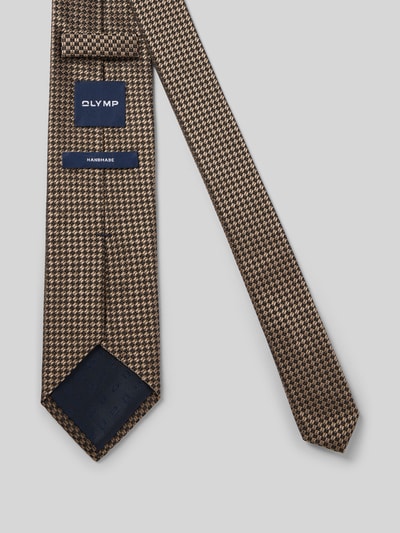 Produktfoto, Krawatte aus reiner Seide von OLYMP in Braun-Beige mit feinem Hahnentrittmuster, glatte Textur vor grauem Hintergrund.