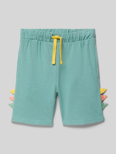 Produktfoto, Regular Fit Shorts mit Zierbesatz von Blue Seven, kinder Shorts aus Reine Baumwolle, Eingrifftaschen, Elastischer Bund mit Tunnelzug, Bundweite 27 cm, Innenbeinlänge 12 cm, grüne Farbe mit gelbem Band und bunten Details seitlich