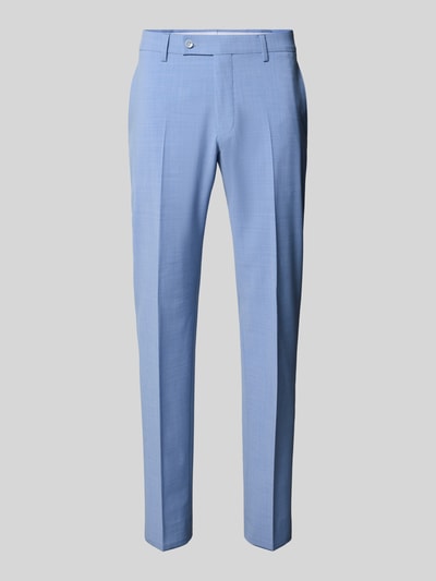 Produktfoto, Anzughose mit Bügelfalte und französischen Eingrifftaschen von HECHTER PARIS, hellblauer Material-Mix mit Schurwolle-Anteil, Straight Fit, Knopf-, Haken- und Reißverschluss, Bundweite 44 cm, Innenbeinlänge 81 cm bei Größe 50, glatte Oberfläche, dezente Textur.