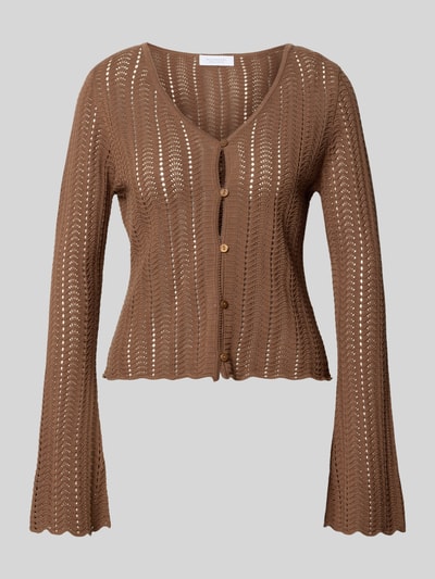 Produktfoto, Cardigan mit V-Ausschnitt und Knopfleiste von Rich & Royal in Braun, Ajour-Strick, Trompetenärmel, Reine Baumwolle, Straight Fit