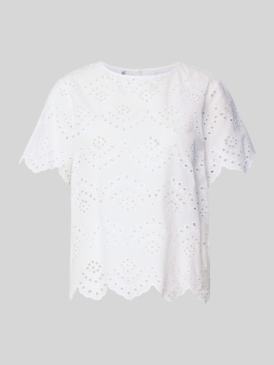 Produktfoto, Regular Fit Blusenshirt aus reiner Baumwolle Modell 'VILDE' von Pieces, unifarbenes Popeline-Material, weiße Farbe, kurze Ärmel, Rundhals, Lochmuster