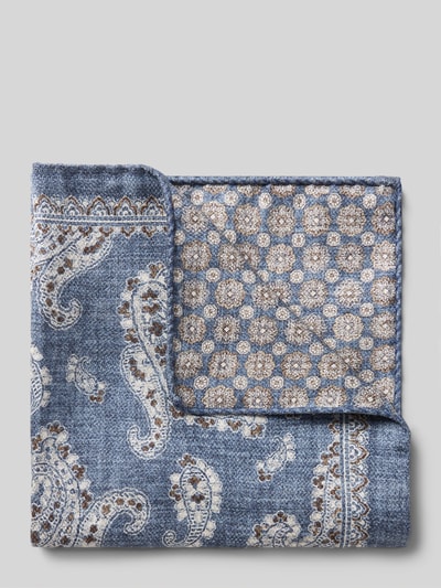 Produktfoto, Einstecktuch aus reiner Seide von Verugia, niebieski kwadratowy wzór z jasnym paisley, tekstura gładka, wymiary 30x30 cm