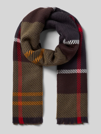 Produktfoto, Schal mit Logo-Patch Modell 'BLAIR TARTAN' von Barbour, kariertes Muster in Braun, Rot, Gelb auf weicher Textur, Damen Schal von Barbour