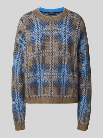Produktfoto, Strickpullover im Allover-Look mit Rundhalsausschnitt von Oui, braun und blau kariert, Material-Mix mit Mohair-Anteil, Regular Fit