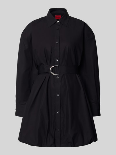 Produktfoto, tailliertes Hemdblusenkleid aus reiner Baumwolle Modell 'KUMIRA' von HUGO in Schwarz mit Knopfleiste und Taillengürtel.