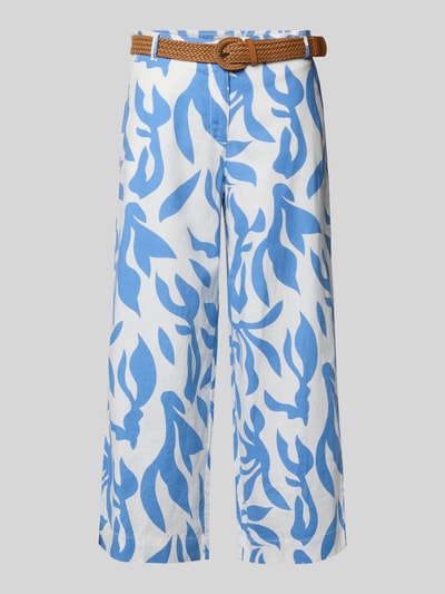 Produktfoto, Culotte aus Leinen-Baumwoll-Mix mit Gürtel von Christian Berg Woman, blau-weißer Allover-Look, Wide-Leg-Pants, strukturierte Oberfläche.
