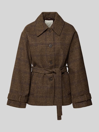 Produktfoto, Relaxed Fit Jacke mit Woll-Anteil Modell 'Amaranda' von MSCH Copenhagen in Braun kariertem Material-Mix, Struktur mit Bindegürtel und Knopfleiste