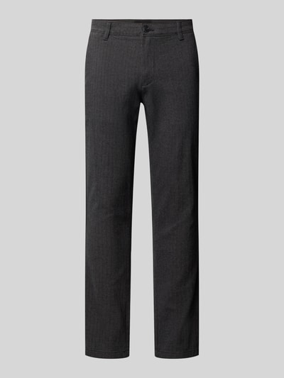 Produktfoto, Slim Fit Stoffhose mit Knopf- und Reißverschluss Modell 'MARCO' von JACK & JONES, Baumwoll-Elasthan-Mix, graue Farbe, sichtbare Seiten- und Gesäßtaschen, strukturierte Oberfläche, Kontext: Bundweite 45 cm, Innenbeinlänge 77 cm
