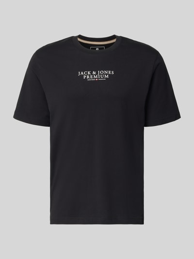 Produktfoto, zwart t-shirt met witte labelprint, ronde hals, puur katoen, regular fit, ruglengte maat M 68 cm, T-Shirt met Label-Print en Rundhalsausschnitt van JACK & JONES