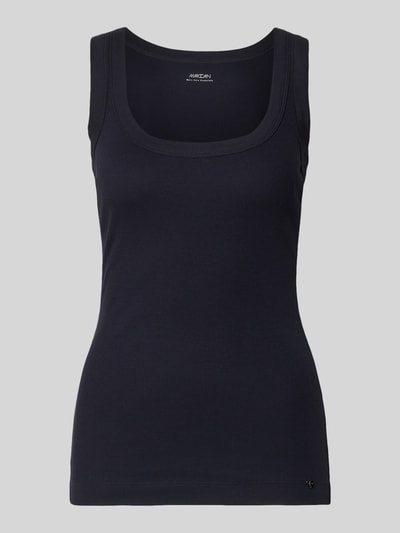 Produktfoto, Damen Tanktop mit Rundhalsausschnitt von Marc Cain aus schwarzem Baumwoll-Mix mit Stretch-Anteil, Körpernaher-Schnitt, Feinripp, Rückenlänge bei Größe 36: 46 cm.
