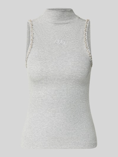 Produktfoto, Slim Fit Top aus Baumwoll-Mix von Cph Muse w jasnoszarym kolorze, stójka, obszycie ozdobnymi kamieniami, wyhaftowane logo, mieszanka bawełny, krój slim fit, długość tyłu w rozmiarze S: 55 cm