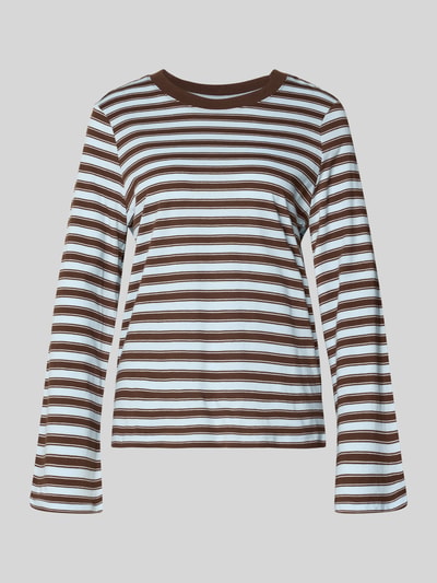 Produktfoto, Regular Fit Langarmshirt aus reiner Baumwolle Modell 'LUNA' von ONLY, brązowo-białe paski, gładka tekstura, damska bluzka z długim rękawem