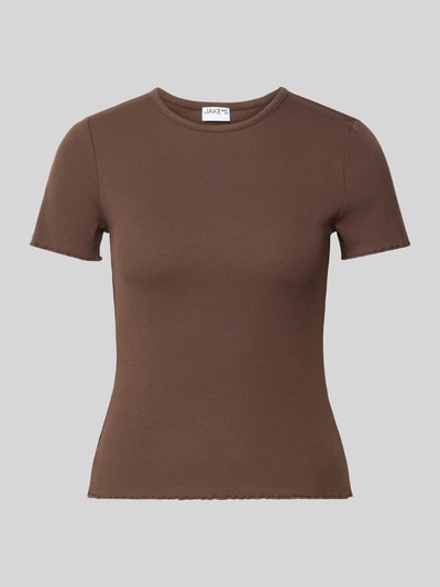 Produktfoto, T-shirt mit Wellensaum von Jake*s Casual, brązowy, drobne prążkowanie, mieszanka bawełny, dopasowany krój, okrągły dekolt