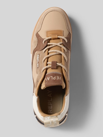 Produktfoto, Sneaker aus Leder-Mix Modell 'Field' von Replay in Beige- und Brauntönen, abgerundete Passform, Logo-Detail, Schnürverschluss, profilierte Sohle, Absatzhöhe 4 cm, Schafthöhe 9 cm, Schaftweite 7 cm, Herren Sneaker