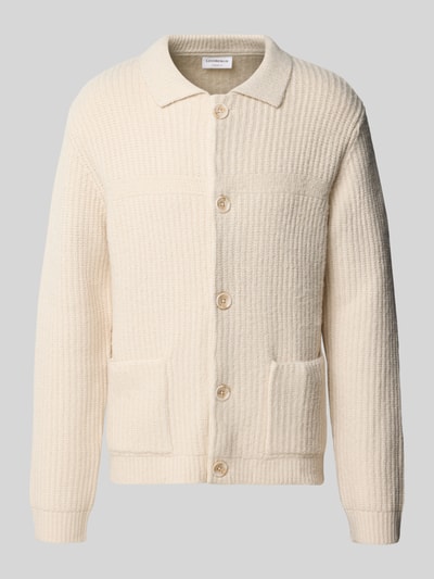 Produktfoto, Relaxed Fit Strickjacke aus elastischem Baumwoll-Mix von Lindbergh in Beige mit Umlegekragen und Knopfleiste, strukturierte Oberfläche