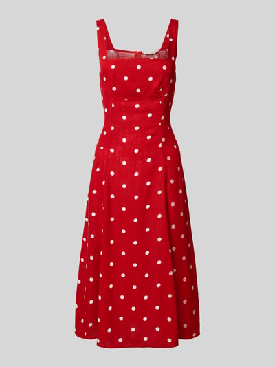 Produktfoto, Midikleid mit Leinen-Anteil und Karree-Ausschnitt van Apricot, dames midi-jurk van mix van linnen en viscose, getailleerd model, vierkante hals, brede bandjes, ritssluiting, ruglengte maat S 91 cm, borstwijdte maat S 45 cm, rood met witte stippen, gladde textuur