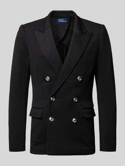 Produktfoto, zwarte Zweireihiger Blazer mit Knopfverschluss van Polo Ralph Lauren, regular fit, reverskraag, borstzak en klepzakken, wolmix, gladde textuur.