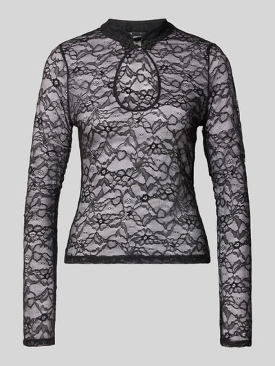 Produktfoto, Slim Fit Longsleeve mit floraler Allover-Spitze von Gina Tricot, Schwarz, Elastischer-Material-Mix, Schlüsselloch-Ausschnitt, Stehkragen, Semitransparent, Langärmeliges Design, Rückenlänge 56 cm bei Größe S