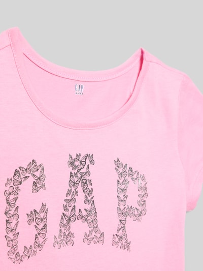 Productfoto, Regular Fit jurk met logoprint van GAP, puur katoen, ronde hals, korte mouw, getailleerd, ruglengte maat 116: 62 cm, kindermaten, roze met zwarte print