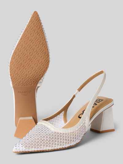Produktfoto, Pumps mit Ziersteinbesatz und Blockabsatz von BIANCO, przód spiczasty, elastyczny pasek, wysokość obcasa w rozmiarze 40: 7 cm, tekstura siateczki, biel i beż