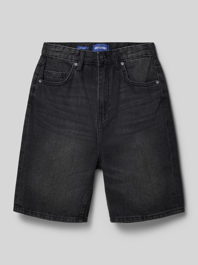 Productfoto, Relaxed Fit Jeansshorts aus reiner Baumwolle Modell 'CARL' van Only & Sons in denimlook met labelpatch, 5-pocketmodel, knoop- en ritssluiting, puur katoen, kindershorts, zwart met grijze wassingen, gladde denimtextuur.
